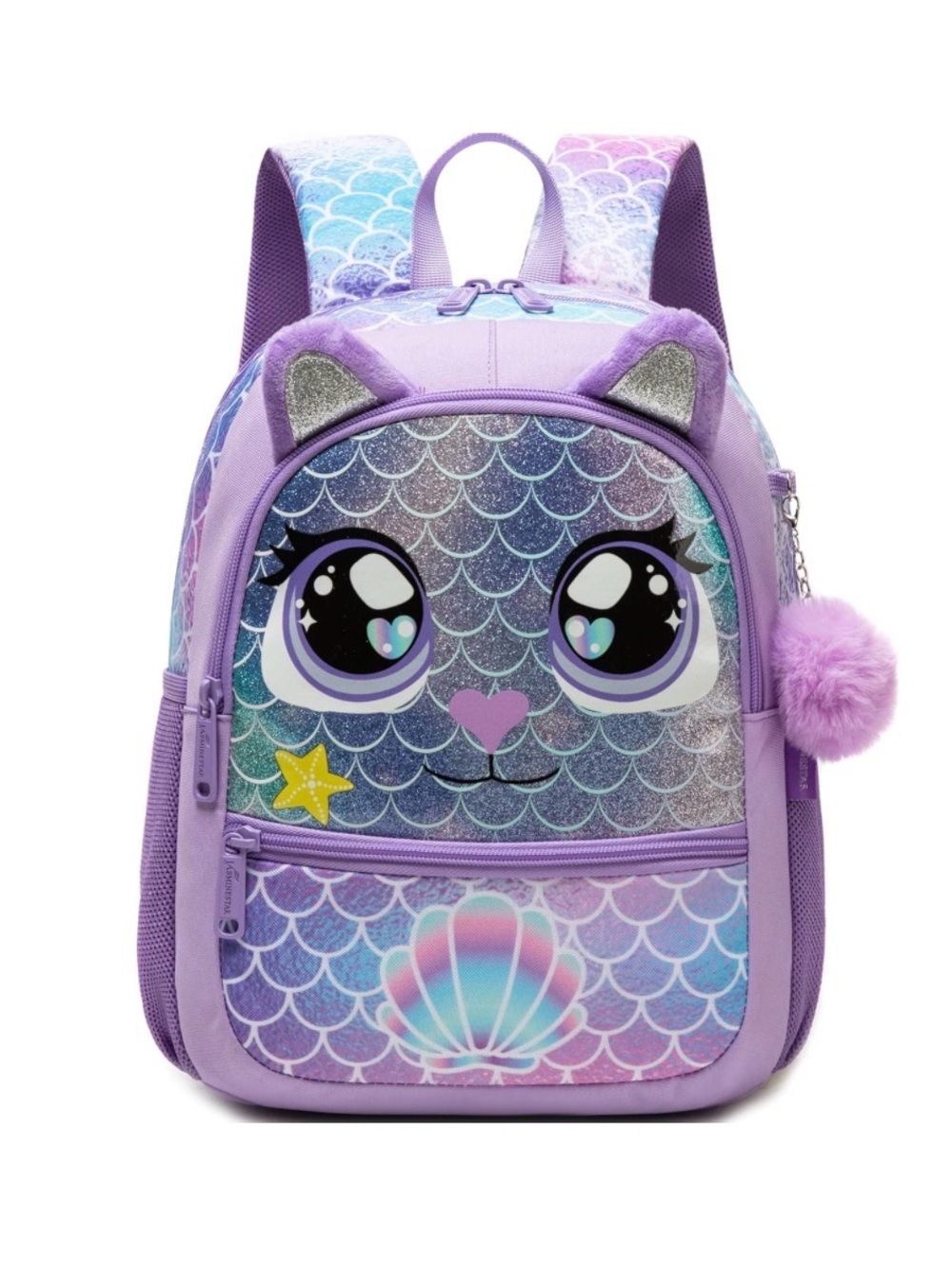 Kids Lavender Mermaid Cat Backpack with Pom Pom